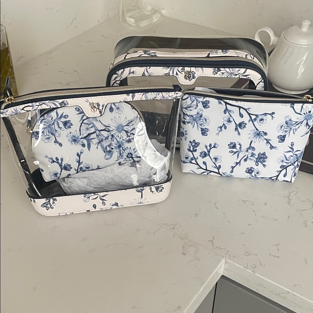 Victoria's Secret Blue Floral Cosmetic Bag Set